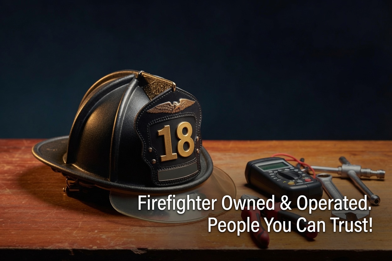 Firefighter helmet and hand tools with the words Firefighter Owned and Operated, People You Can Trust, representing Ralph Glover's fire and rescue background